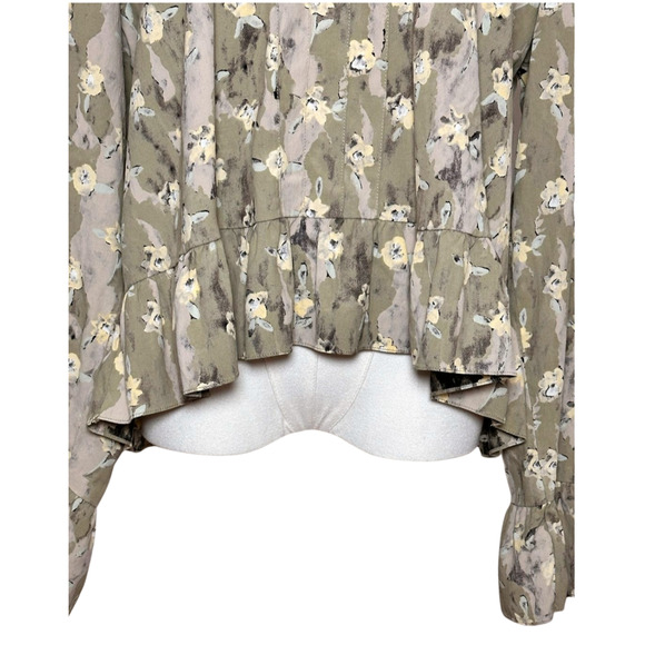 FLAX Brand Green Watercolor Floral Collared Bell Sleeve Peplum Boho Top Large - Picture 3 of 9